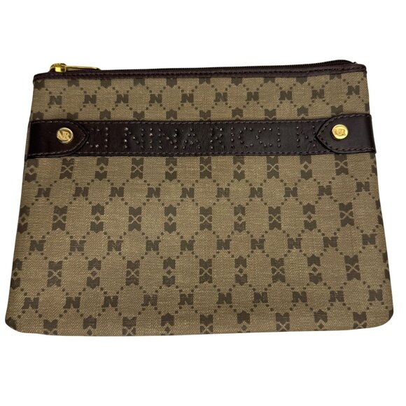 Nina Ricci Beige Brown Monogram Clutch Makeup Travel Bag Set of 2 Zipper Closure - Picture 2 of 13